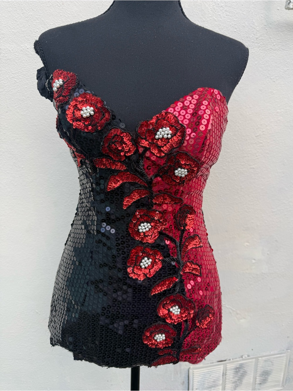 Vintage Sequined Black & Red Floral Bustier Top
